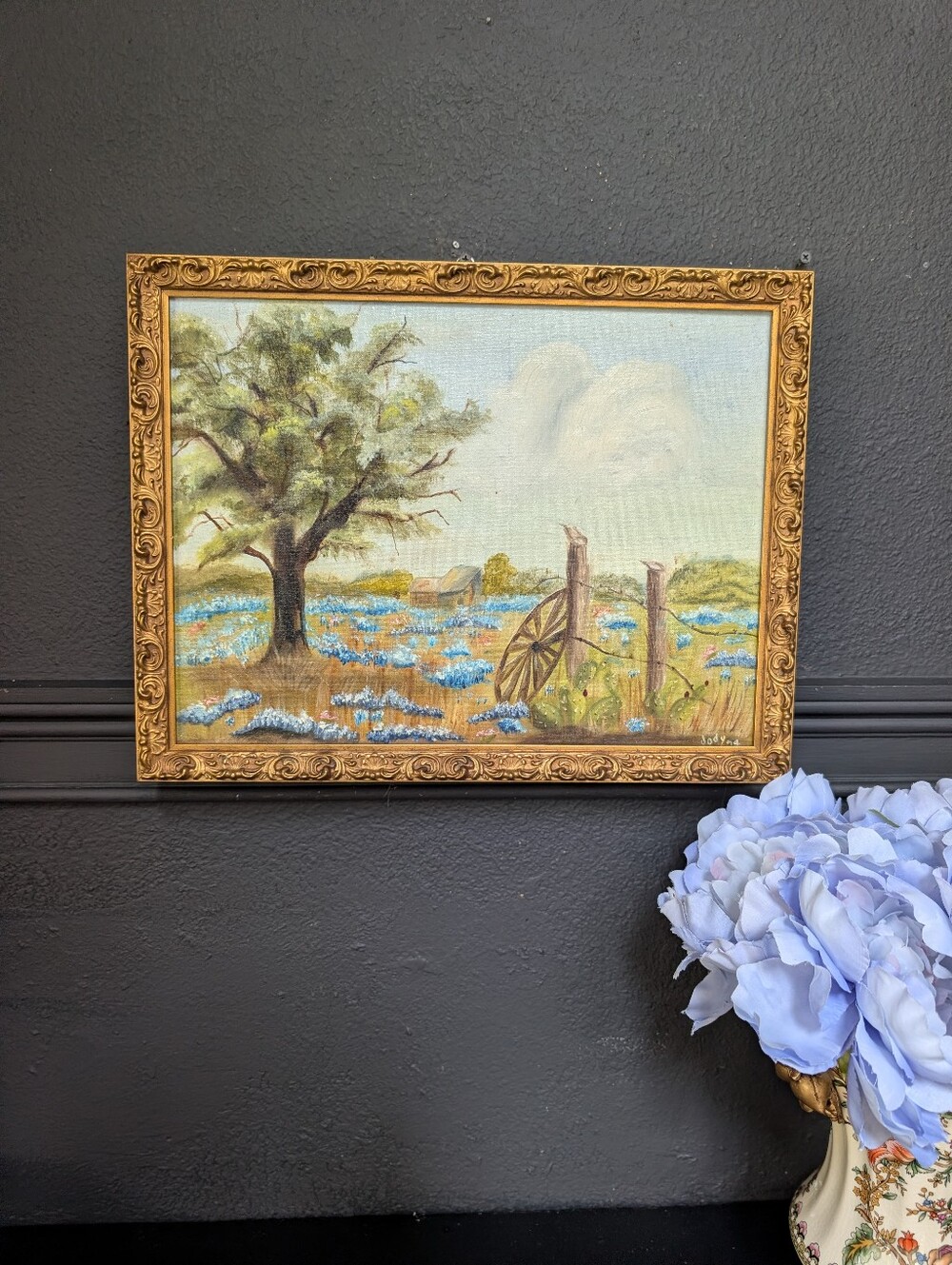 Vintage Signed Original Oil Painting, Bluebonnet Landscape with Wagon Wheel 17"